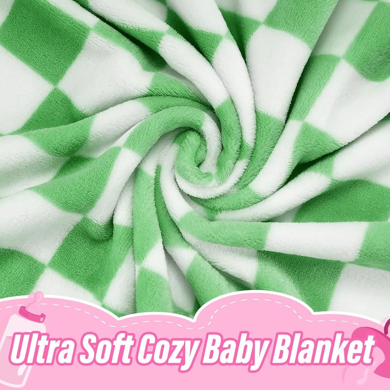 GreatBba Plush Checkered Baby Blanket for Boys Girls Nursery, 30"*40" Warm Short Fleece Blanket Neutral for Infant Newborn, Small Fuzzy for Sleeping, Chenille or Stroller (Green&White) - Image 2